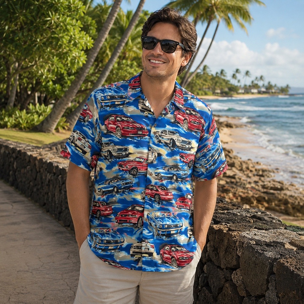 Reyn Spooner Ford Mustang Hawaiian Shirt Mens Large Blue Rayon Car Print Allover